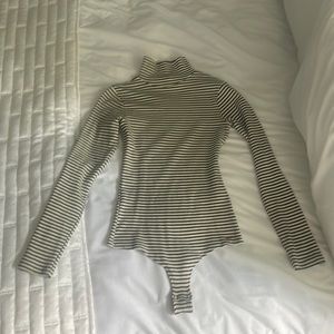 Black and white striped long sleeve mock neck bodysuit
